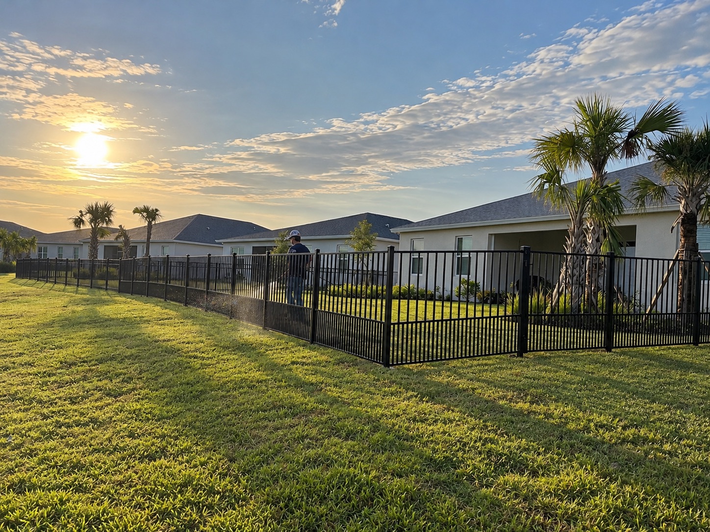 Black puppy picket fence installed around a Southwest Florida backyard